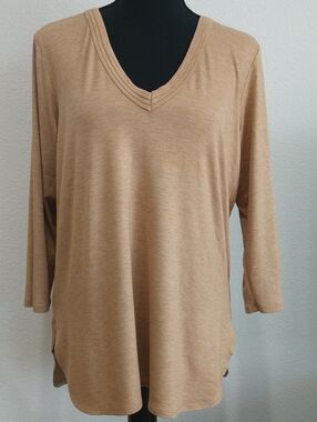 Anthropologie Relaxed V-Neck Long Sleeve Top — Light Tan